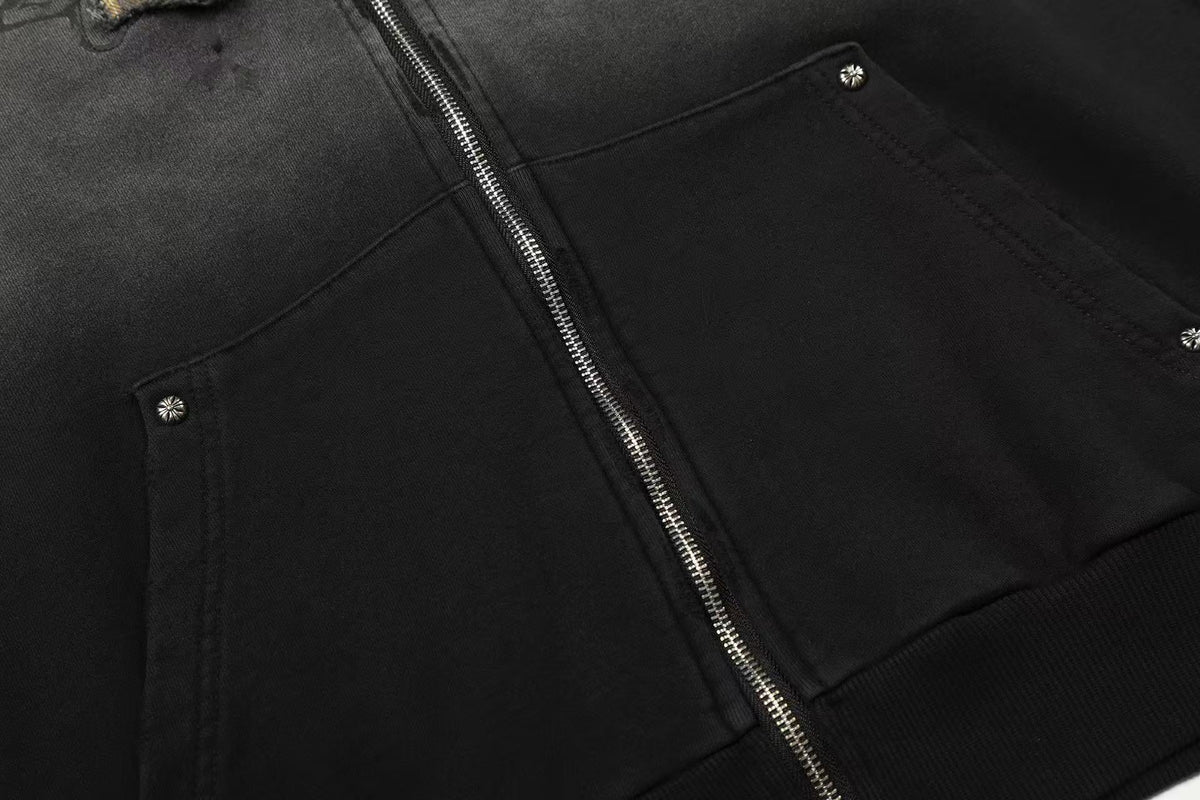 Wash Gradient 23 Plaid Patch Zip-Up Hoodie - OMYGOODS