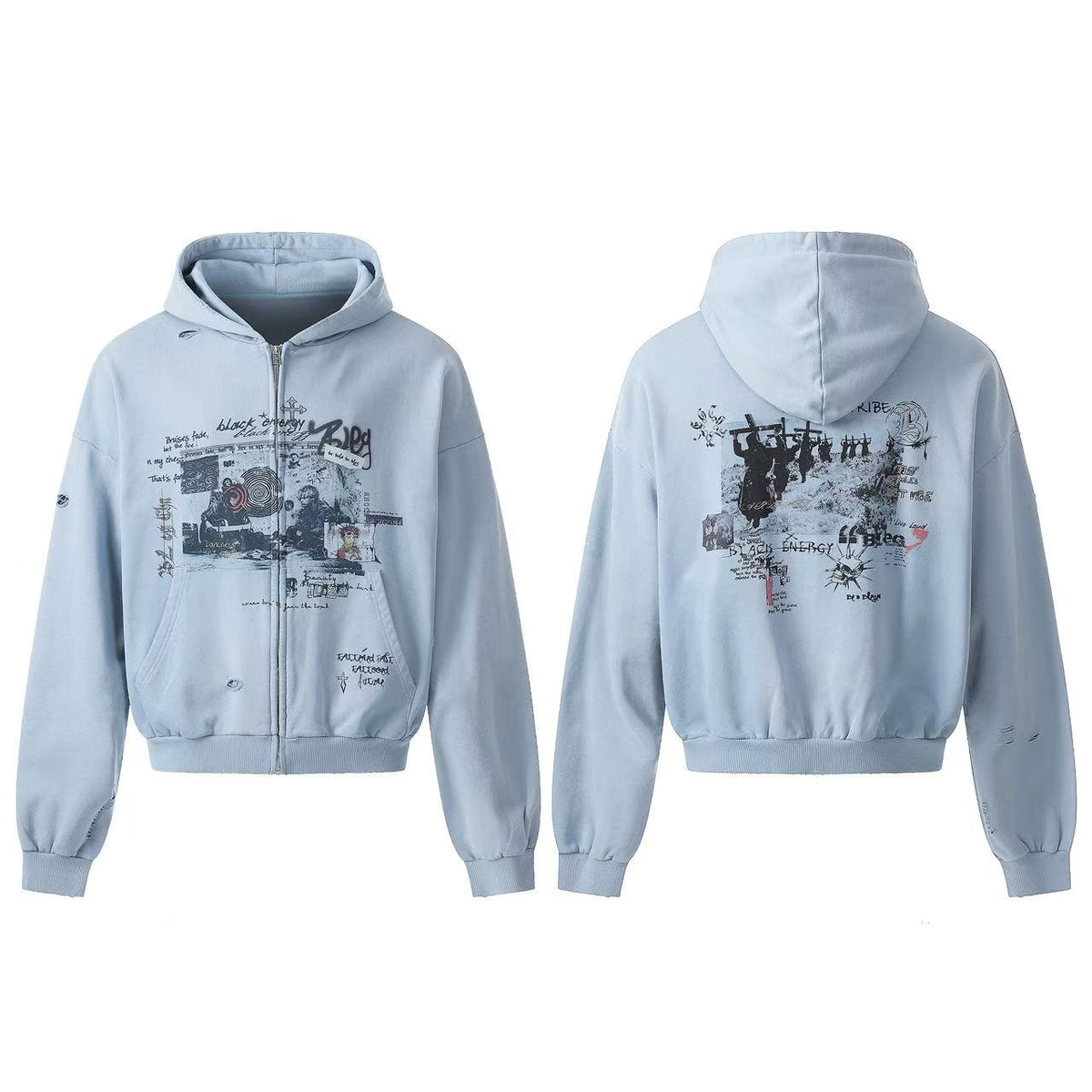 Vintage Wash Graffiti Print Zip-Up Hoodie - OMYGOODS