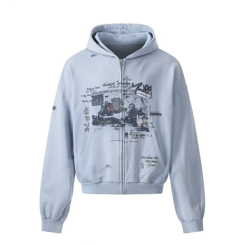 Vintage Wash Graffiti Print Zip-Up Hoodie - OMYGOODS