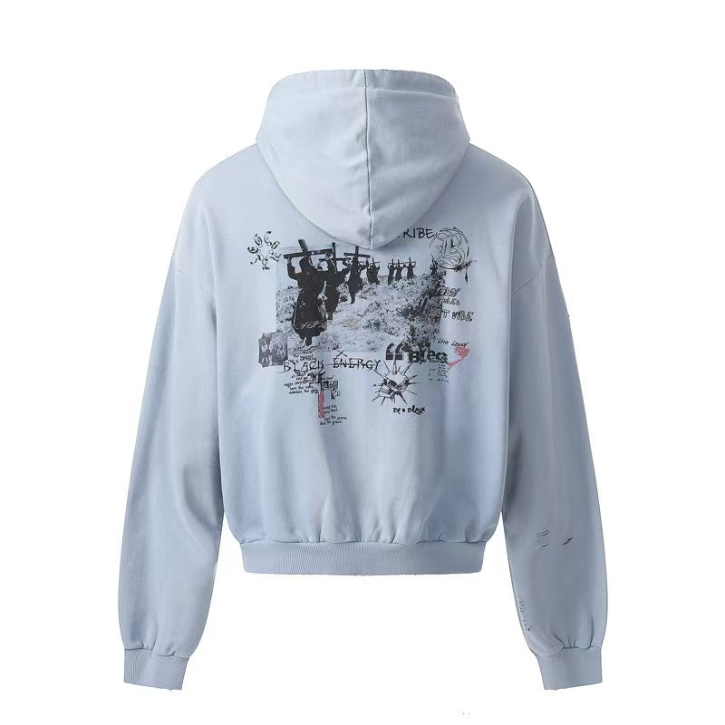 Vintage Wash Graffiti Print Zip-Up Hoodie - OMYGOODS