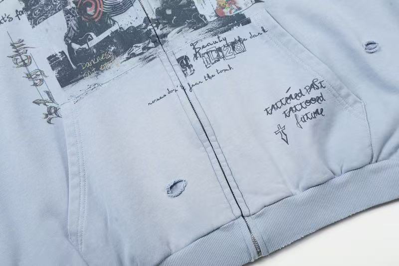 Vintage Wash Graffiti Print Zip-Up Hoodie - OMYGOODS