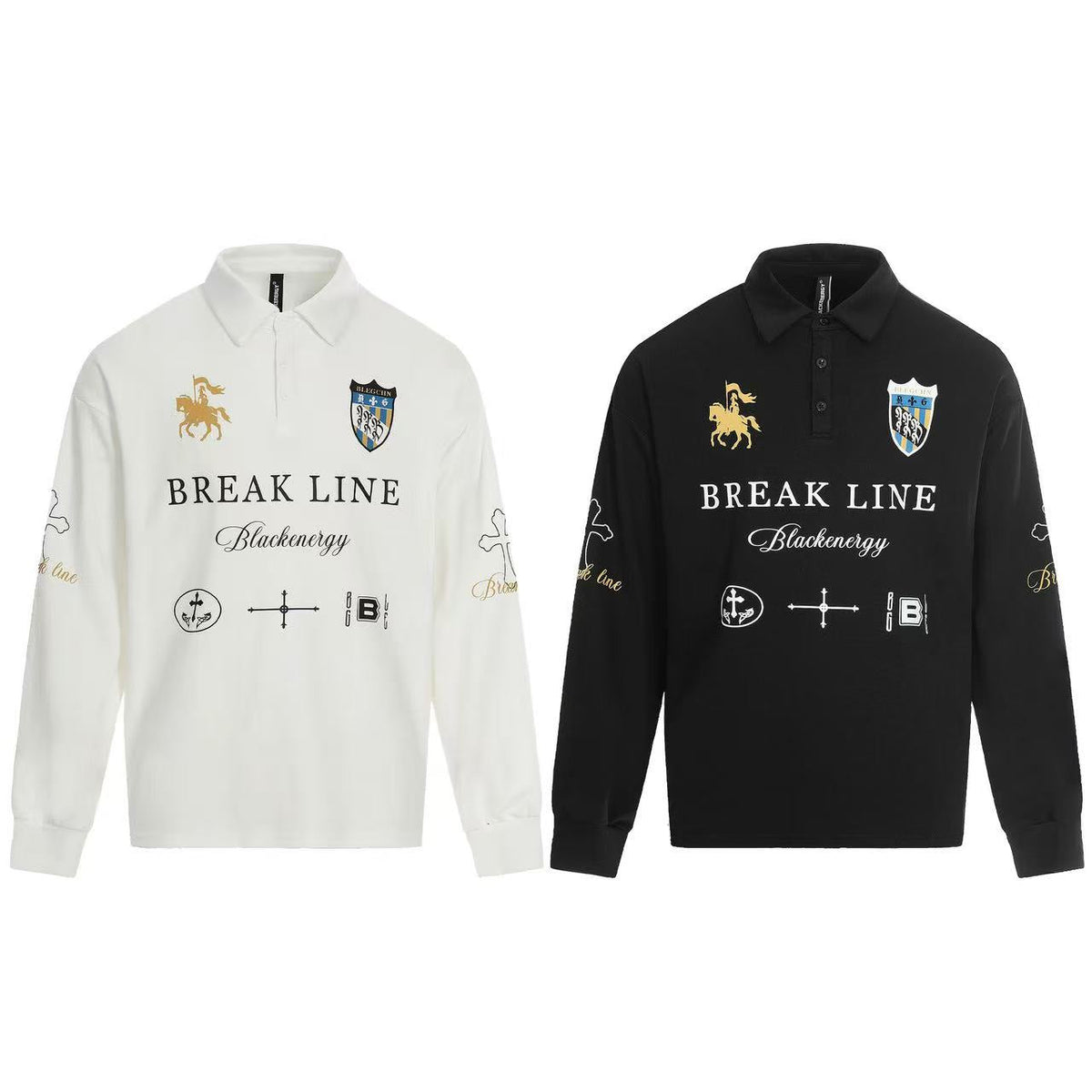 Streetwear Heraldic Crest Print Long Sleeve Polo Shirt - OMYGOODS