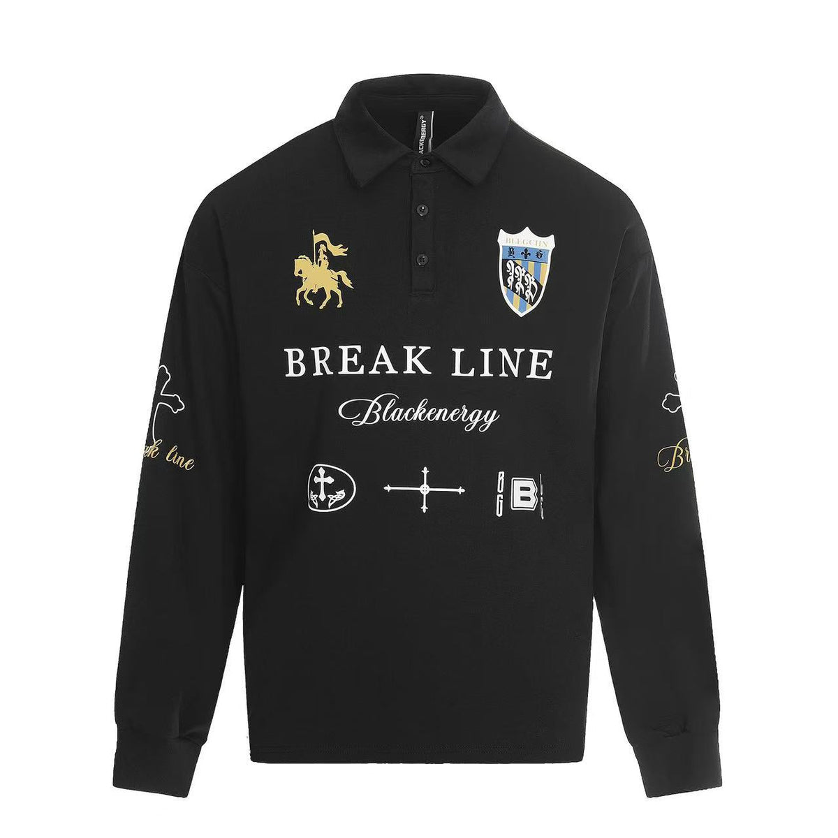 Streetwear Heraldic Crest Print Long Sleeve Polo Shirt - OMYGOODS