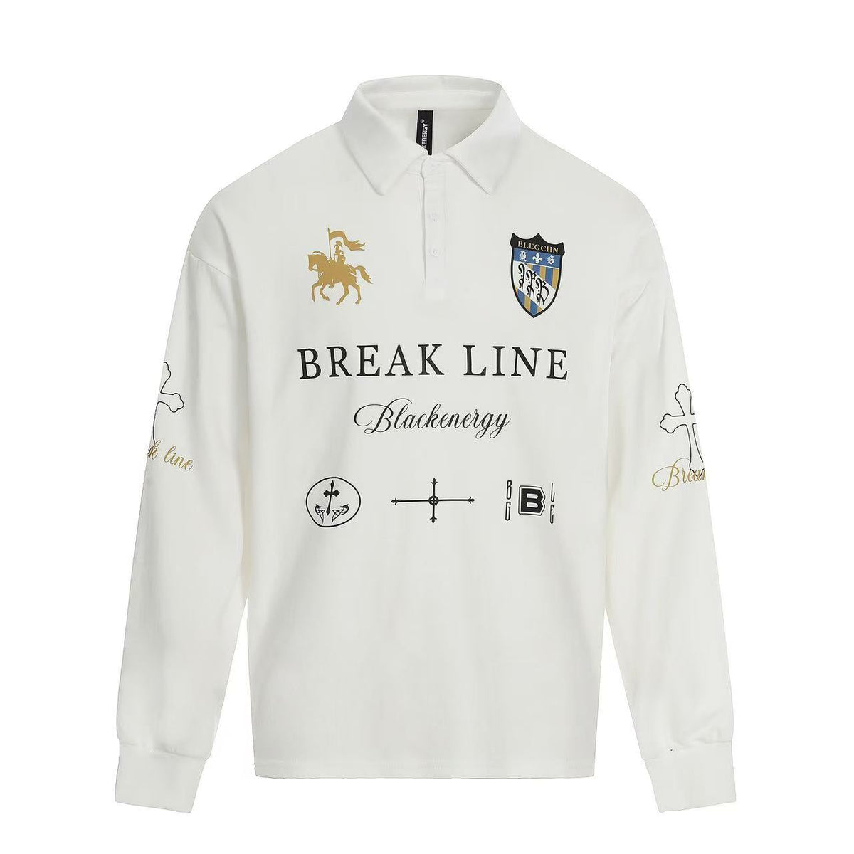 Streetwear Heraldic Crest Print Long Sleeve Polo Shirt - OMYGOODS
