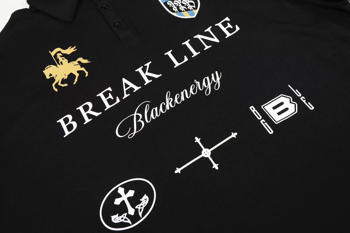 Streetwear Heraldic Crest Print Long Sleeve Polo Shirt - OMYGOODS