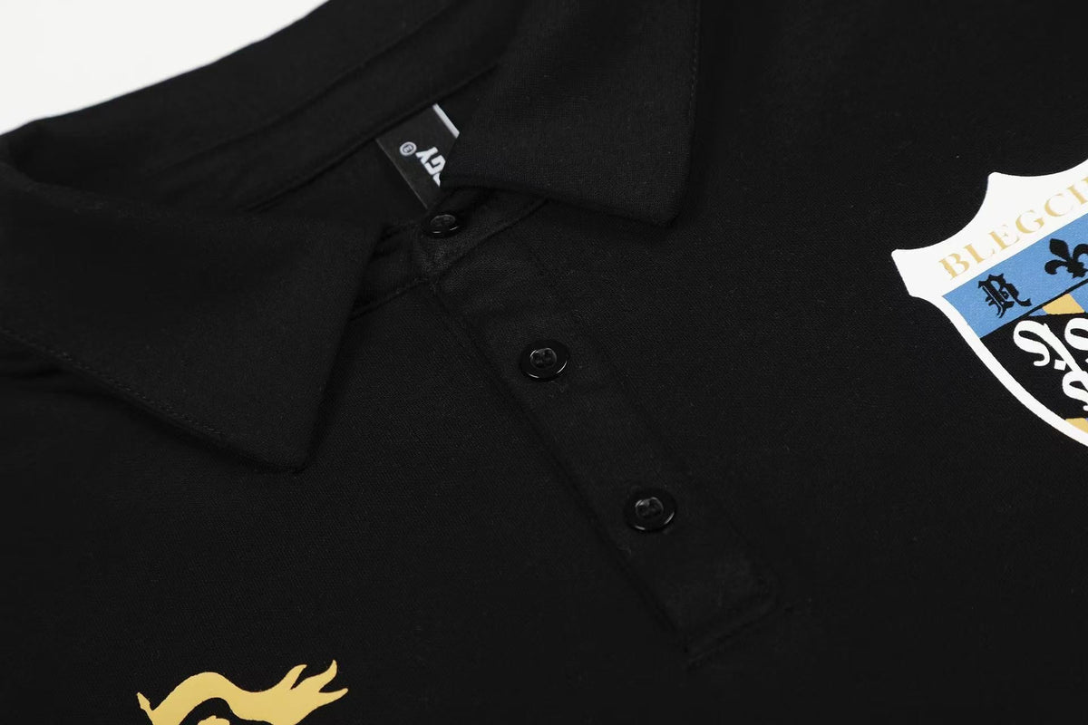Streetwear Heraldic Crest Print Long Sleeve Polo Shirt - OMYGOODS