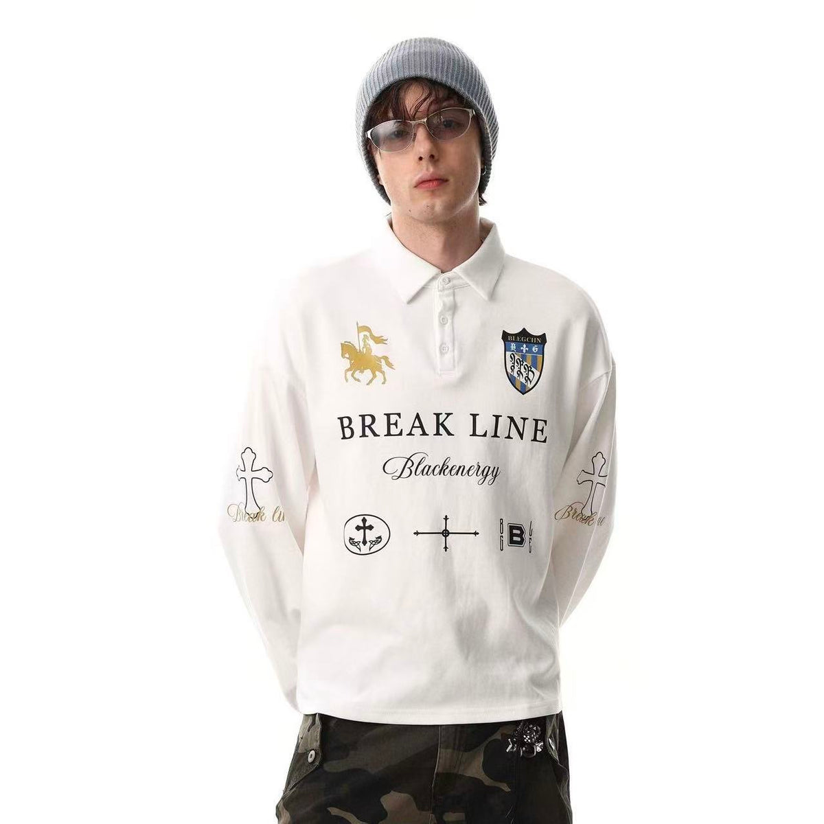 Streetwear Heraldic Crest Print Long Sleeve Polo Shirt - OMYGOODS