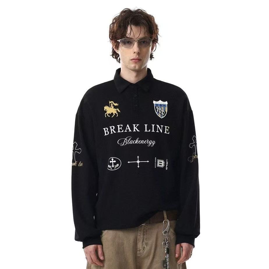 Streetwear Heraldic Crest Print Long Sleeve Polo Shirt - OMYGOODS