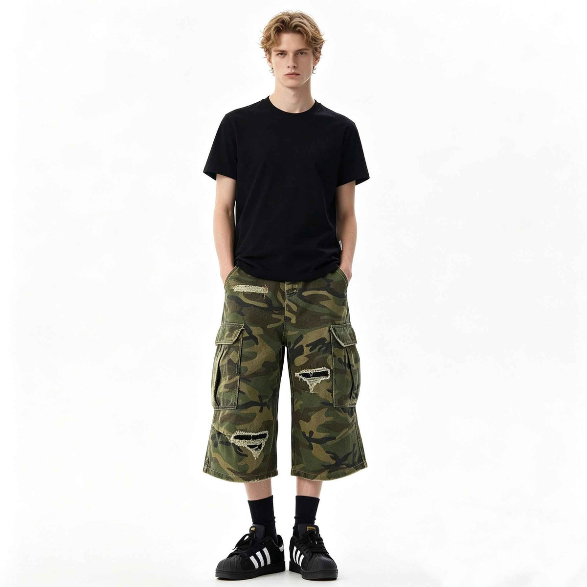 Distressed Camo Knee-Length Jorts
