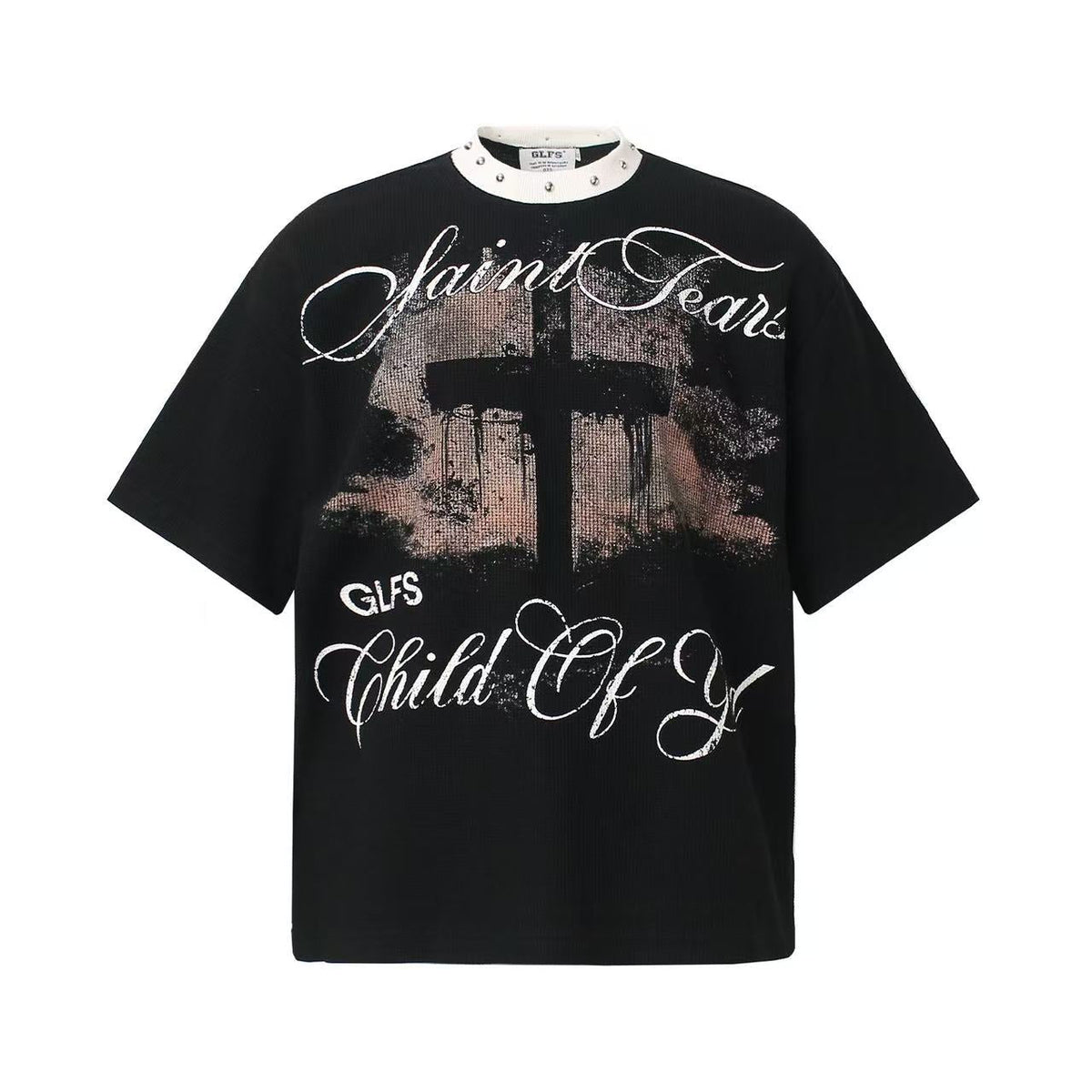 Saint Tears Cross Print Waffle Knit T-Shirt - OMYGOODS