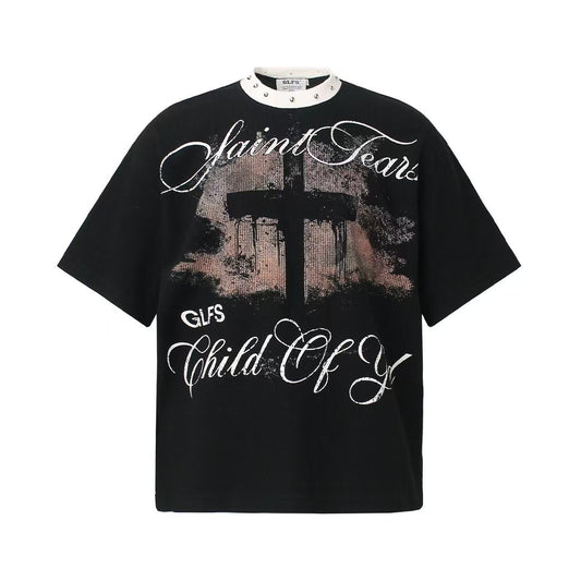 Saint Tears Cross Print Waffle Knit T-Shirt - OMYGOODS