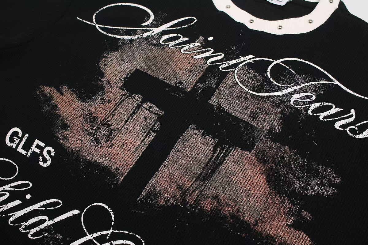 Saint Tears Cross Print Waffle Knit T-Shirt - OMYGOODS