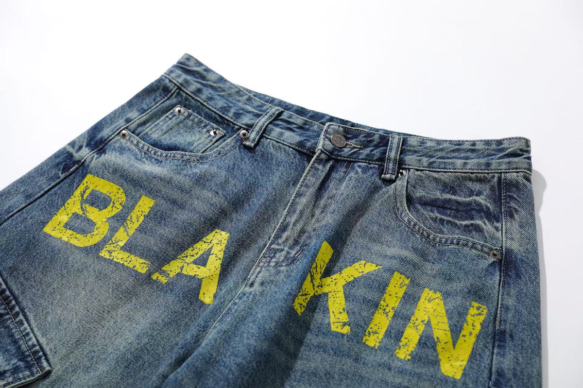 Vintage Washed Print Wide-Leg Baggy Jeans - OMYGOODS