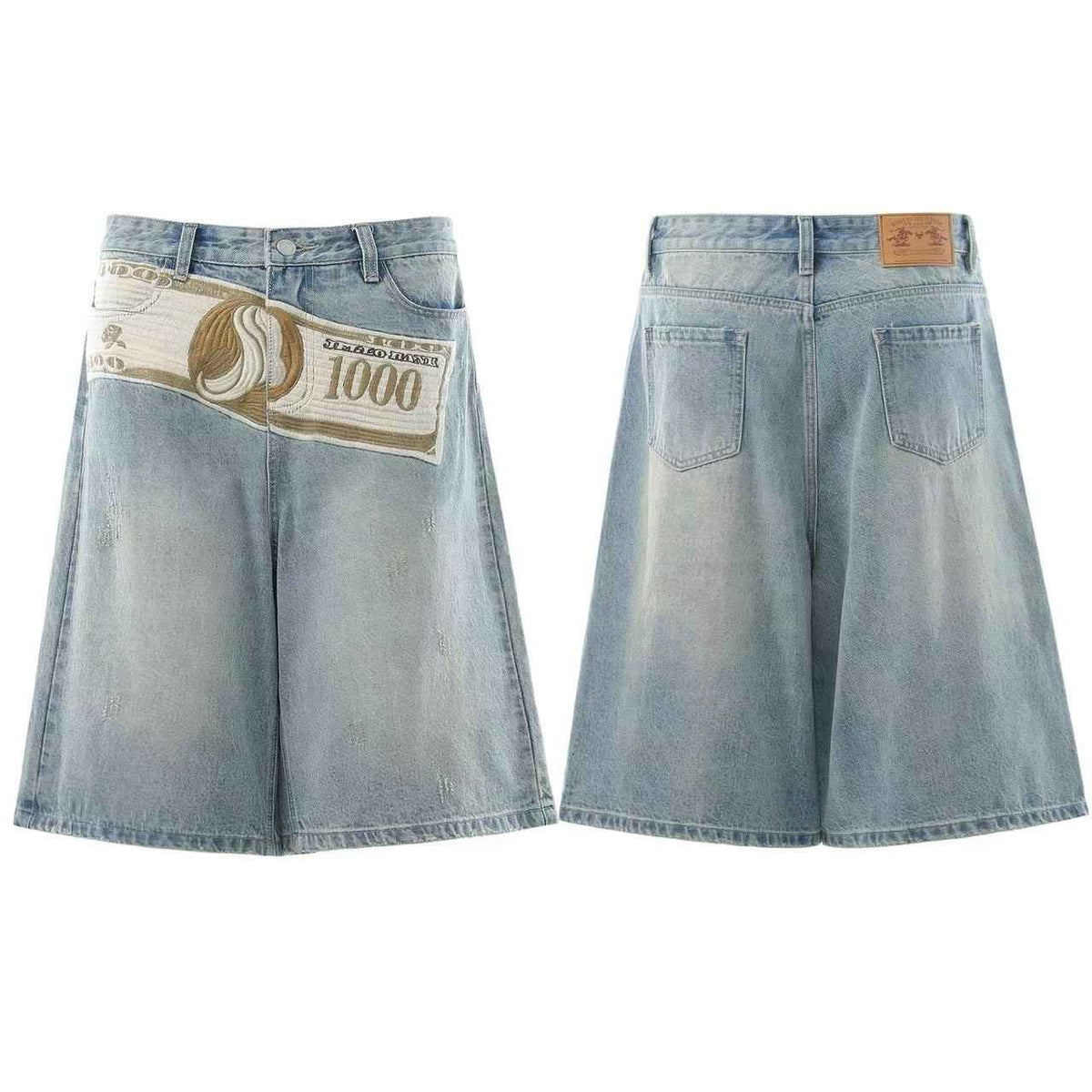 Streetwear Big Dollar Patch Wide-Leg Denim Jorts