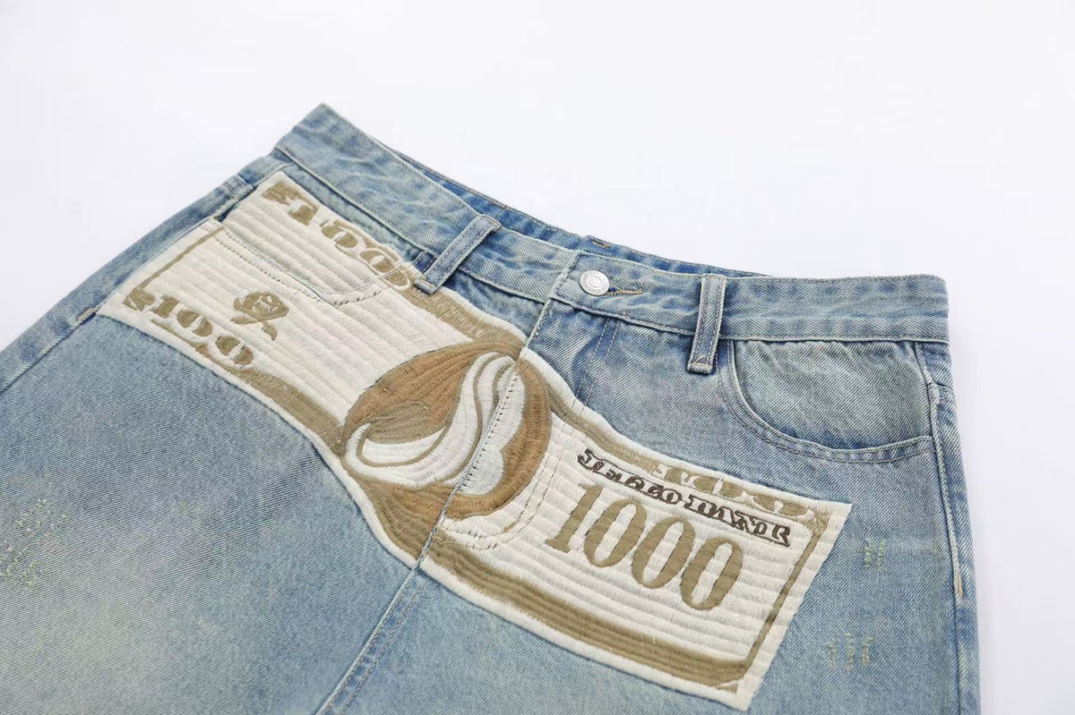 Streetwear Big Dollar Patch Wide-Leg Denim Jorts - OMYGOODS
