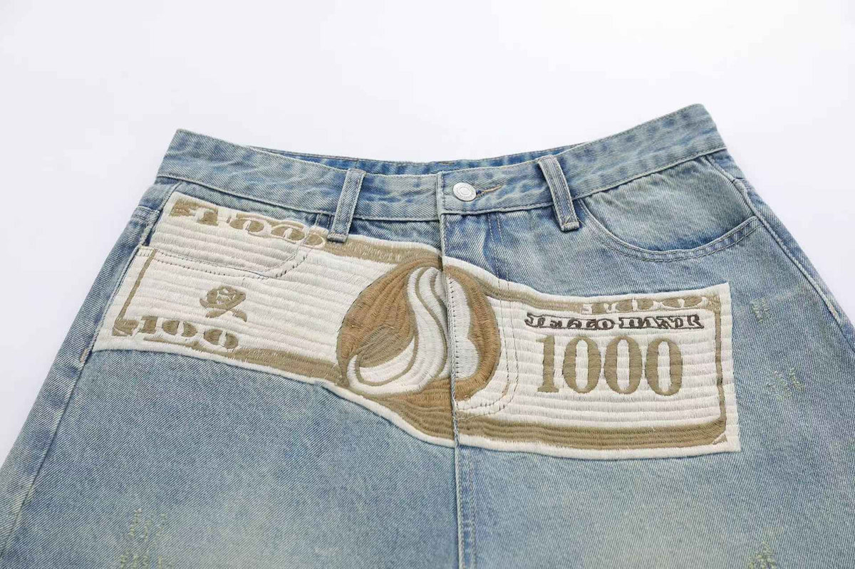 Streetwear Big Dollar Patch Wide-Leg Denim Jorts