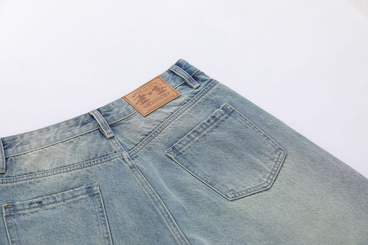 Streetwear Big Dollar Patch Wide-Leg Denim Jorts - OMYGOODS