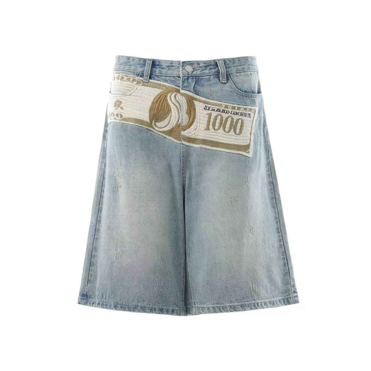Streetwear Big Dollar Patch Wide-Leg Denim Jorts