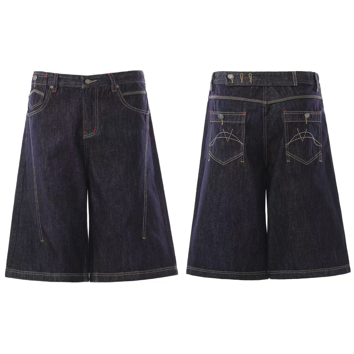 Contrast Stitching Wide-Leg Denim Jorts - OMYGOODS
