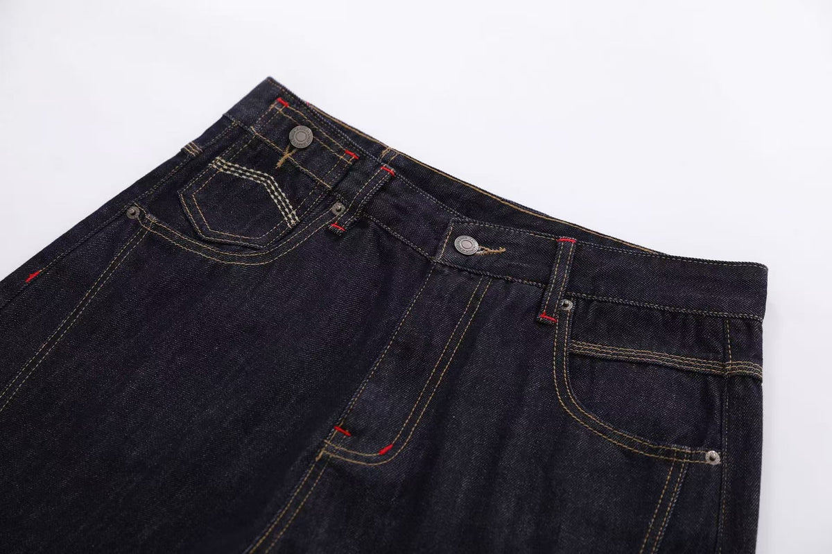 Contrast Stitching Wide-Leg Denim Jorts - OMYGOODS
