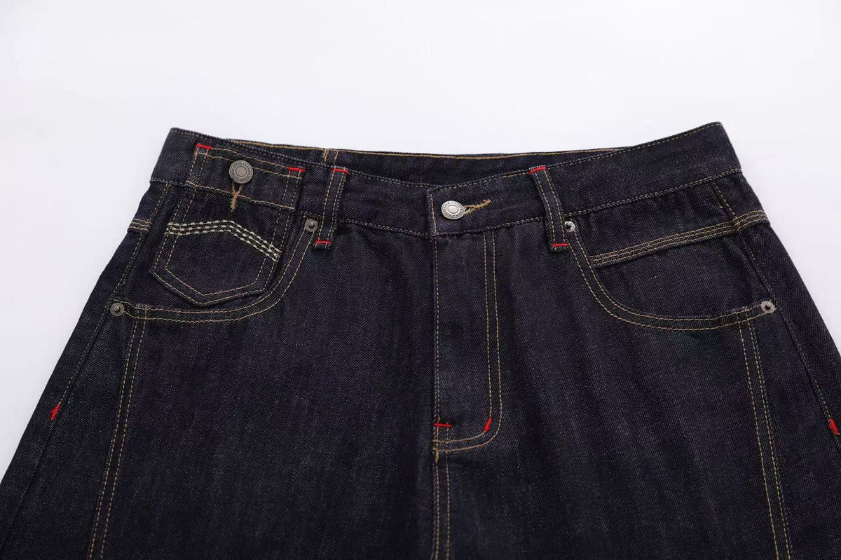 Contrast Stitching Wide-Leg Denim Jorts - OMYGOODS