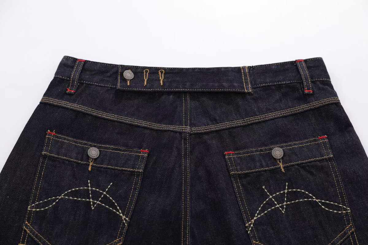 Contrast Stitching Wide-Leg Denim Jorts - OMYGOODS