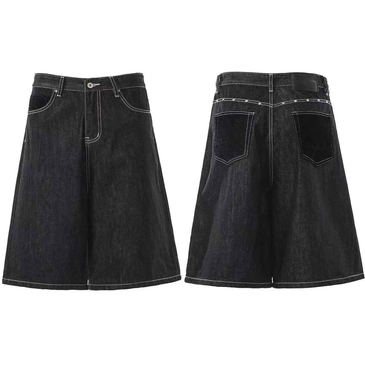 Streetwear Contrast Stitching Wide-Leg Denim Jorts