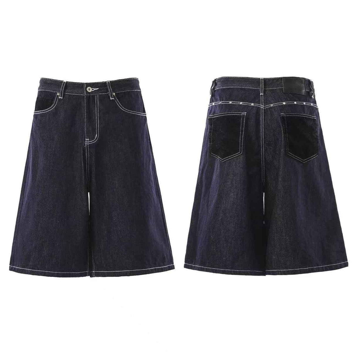 Streetwear Contrast Stitching Wide-Leg Denim Jorts