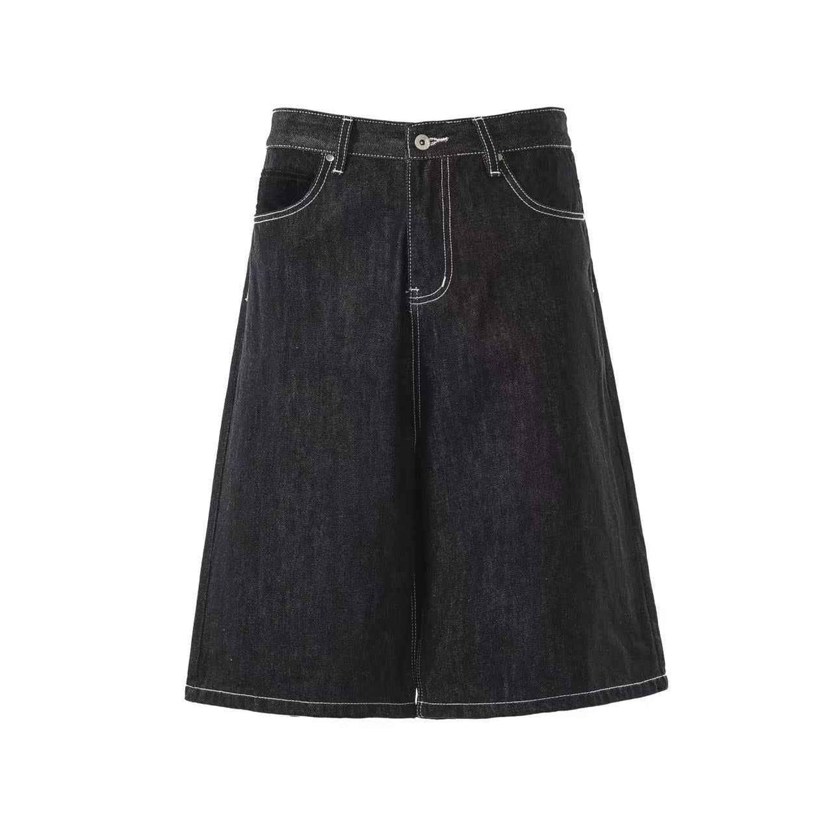 Streetwear Contrast Stitching Wide-Leg Denim Jorts