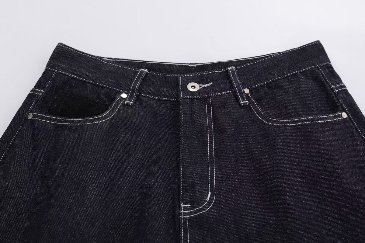 Streetwear Contrast Stitching Wide-Leg Denim Jorts - OMYGOODS
