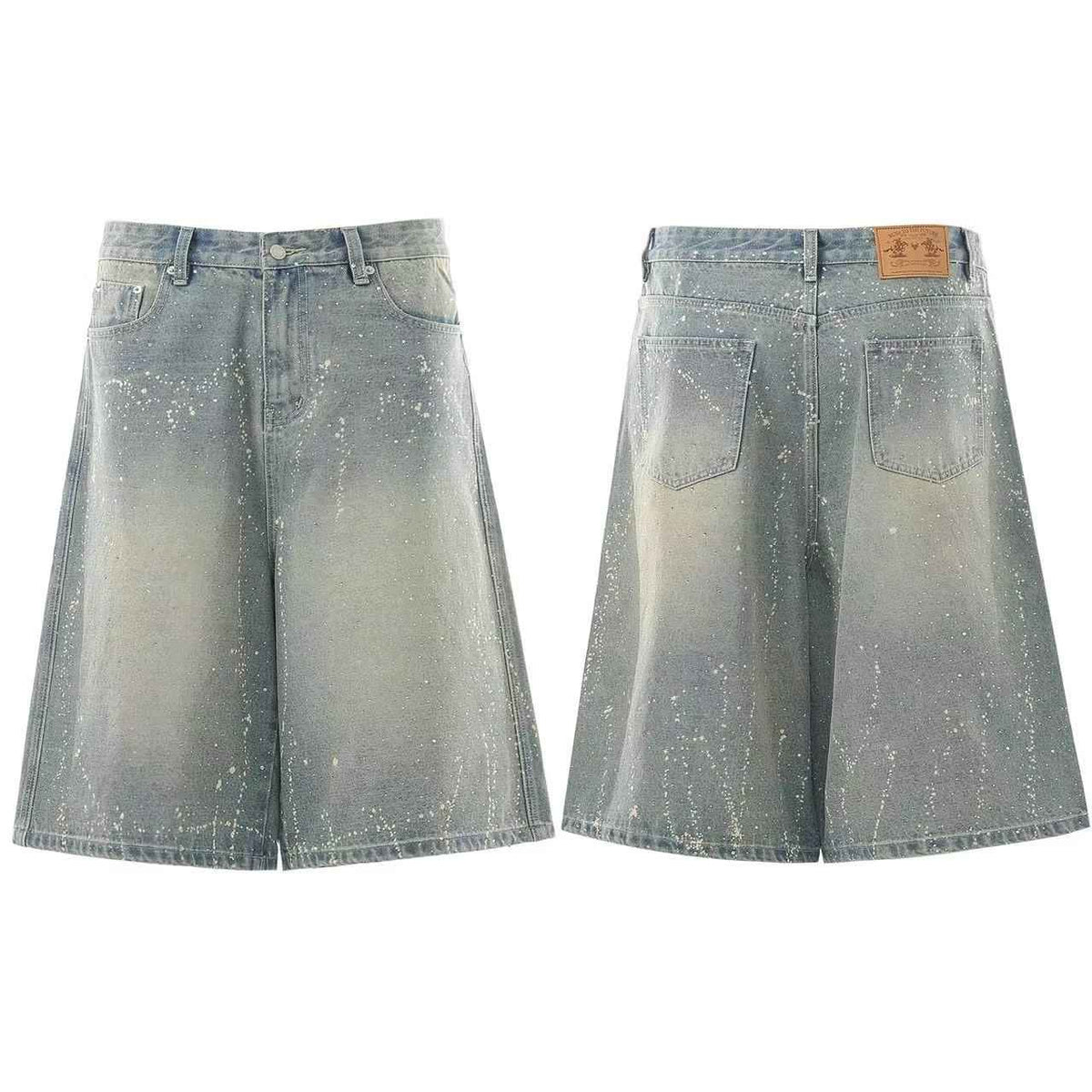 Streetwear Stud Splatter Wash Wide-Leg Denim Jorts
