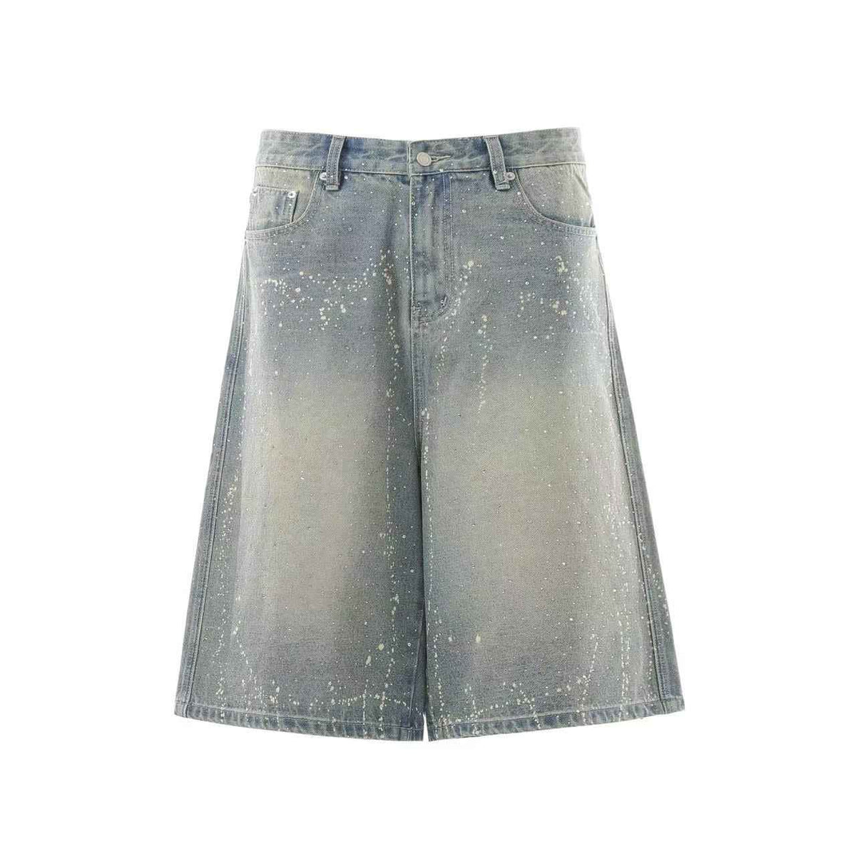 Streetwear Stud Splatter Wash Wide-Leg Denim Jorts