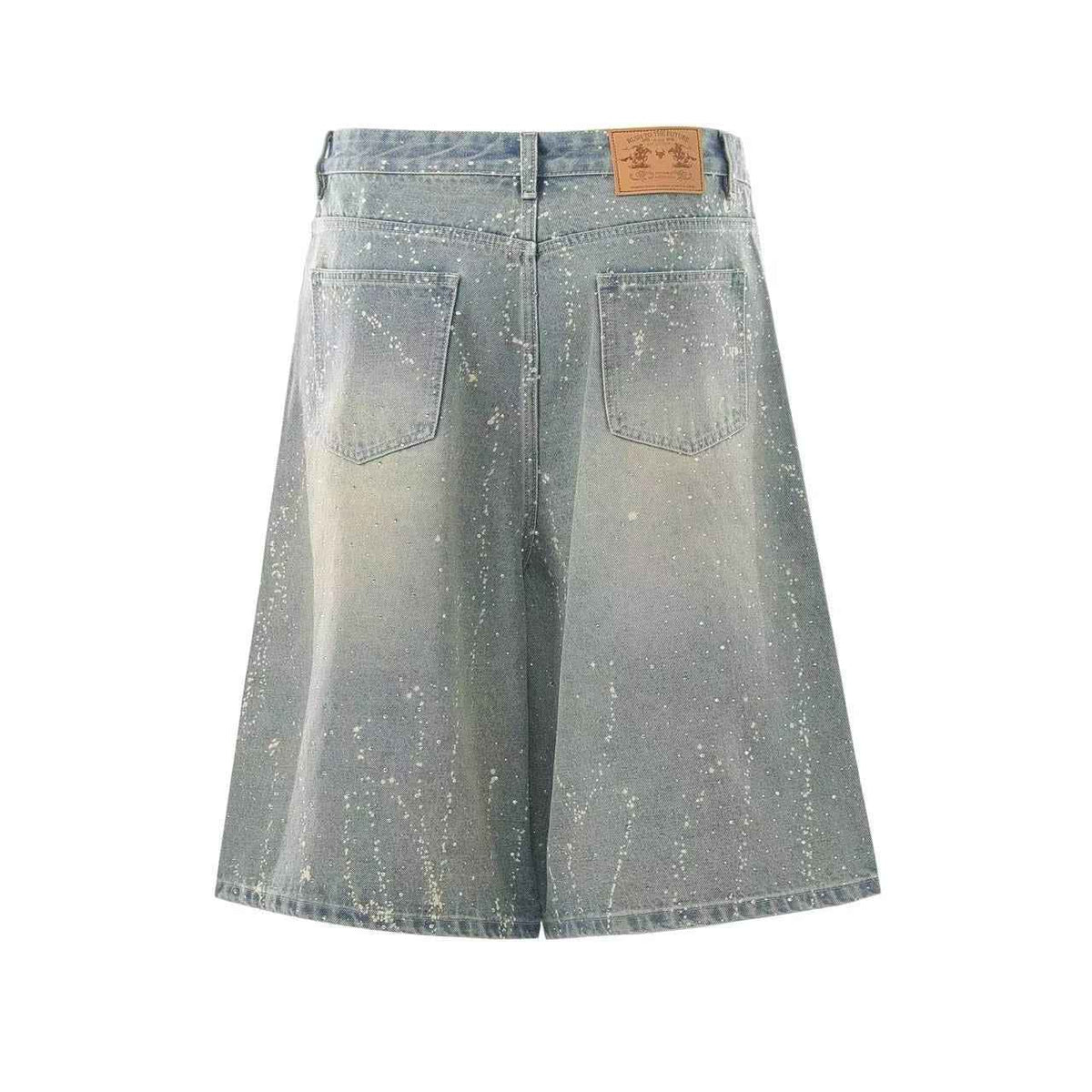 Streetwear Stud Splatter Wash Wide-Leg Denim Jorts