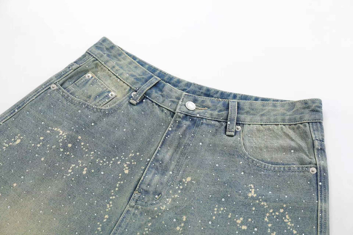 Streetwear Stud Splatter Wash Wide-Leg Denim Jorts
