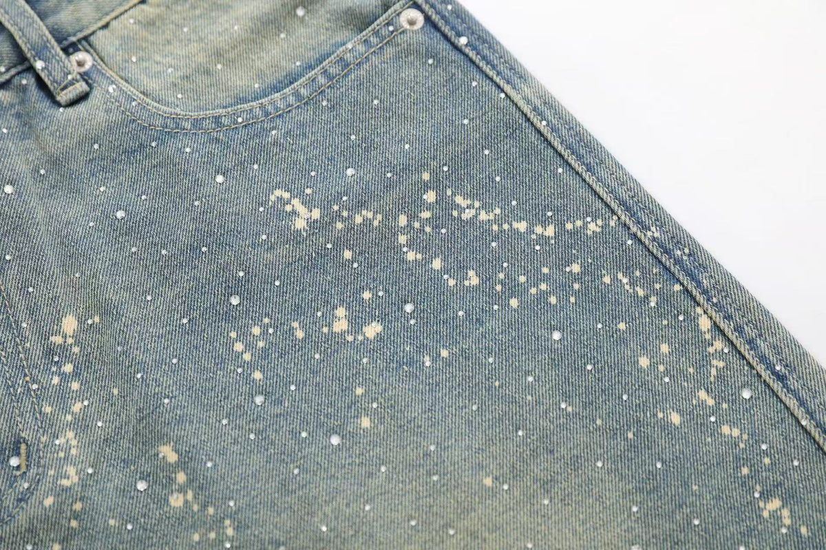 Streetwear Stud Splatter Wash Wide-Leg Denim Jorts - OMYGOODS
