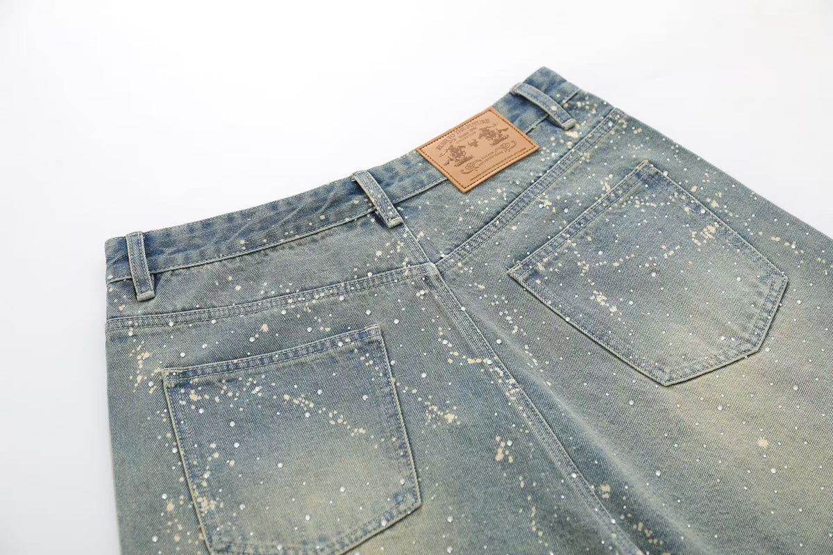 Streetwear Stud Splatter Wash Wide-Leg Denim Jorts - OMYGOODS