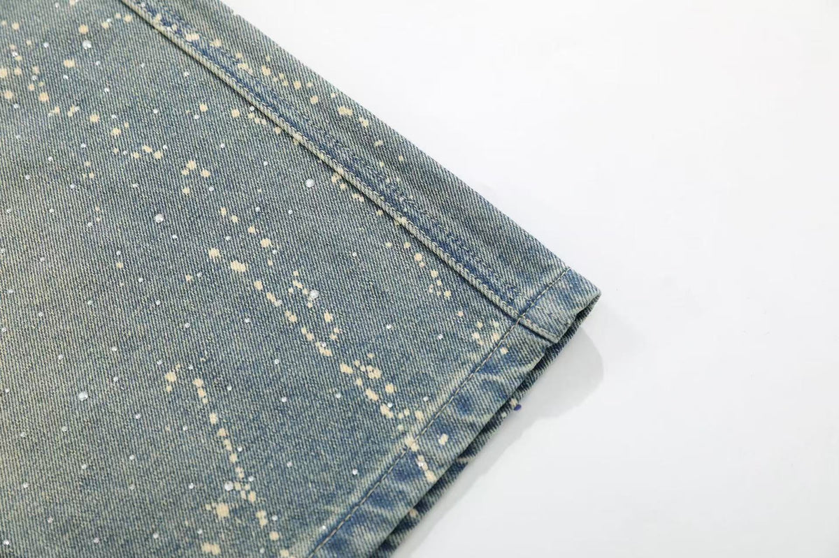 Streetwear Stud Splatter Wash Wide-Leg Denim Jorts - OMYGOODS