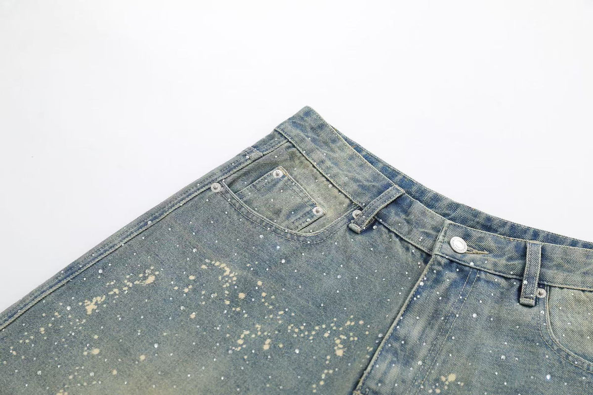 Streetwear Stud Splatter Wash Wide-Leg Denim Jorts - OMYGOODS