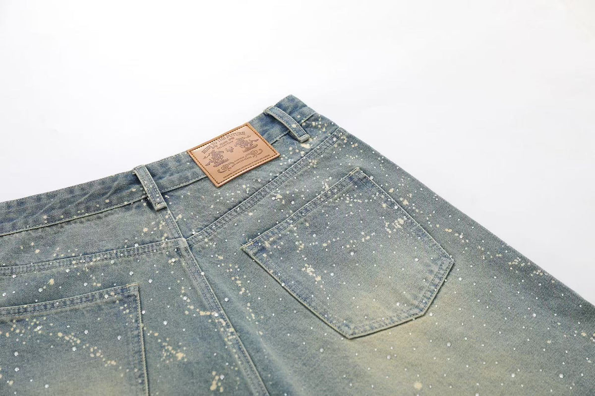 Streetwear Stud Splatter Wash Wide-Leg Denim Jorts - OMYGOODS