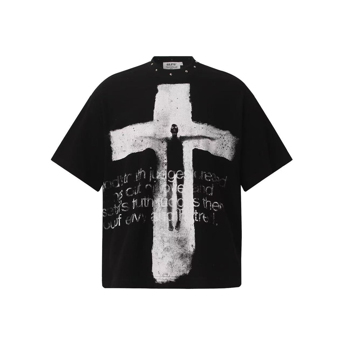 Dark Gothic Stud Cross Text Print T-Shirt - OMYGOODS