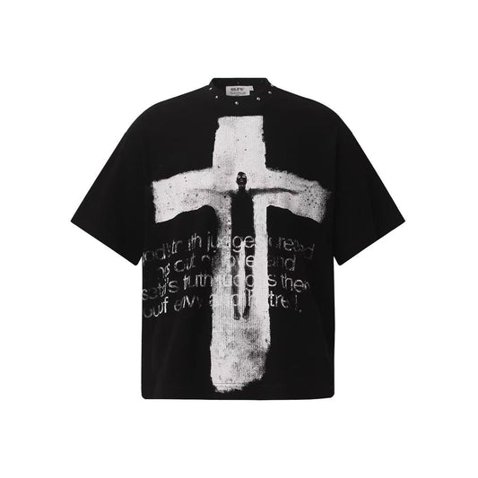 Dark Gothic Stud Cross Text Print T-Shirt - OMYGOODS