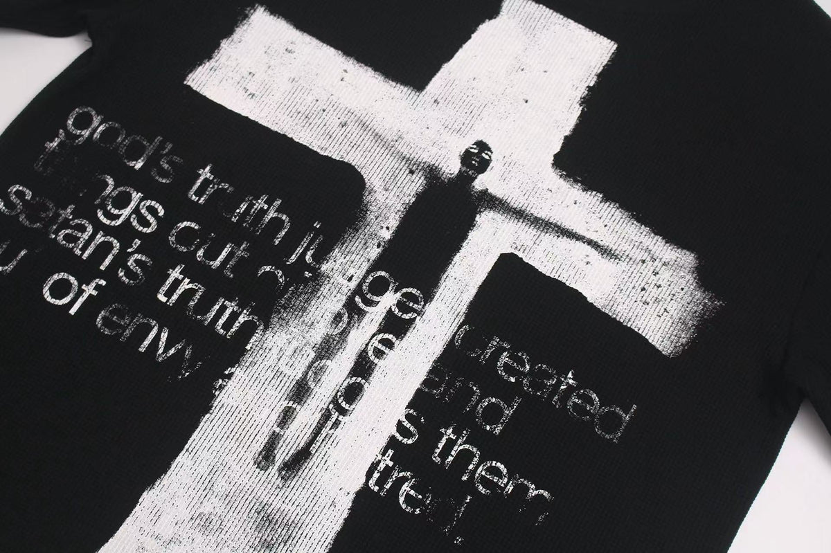 Dark Gothic Stud Cross Text Print T-Shirt - OMYGOODS
