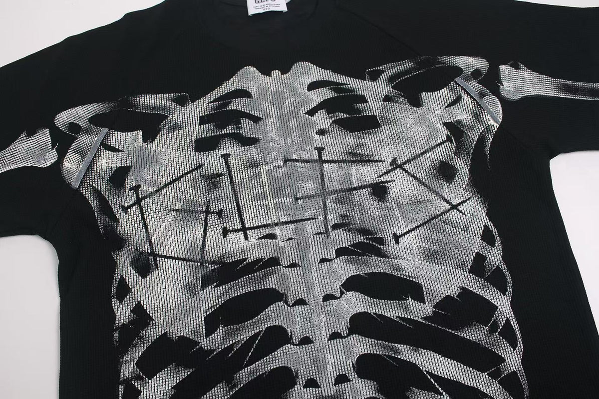 Streetwear Waffle Nail Through Skeleton Print T-Shirt - OMYGOODS