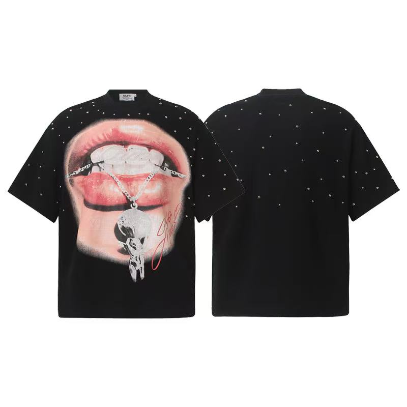 Streetwear Waffle Rivet Sexy Lips Print T-Shirt - OMYGOODS