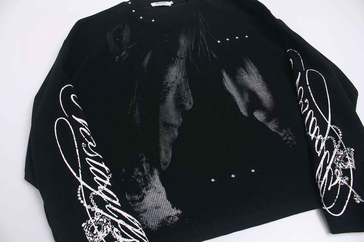 Studded Dark-Gothic Print Waffle Knit Long Sleeve