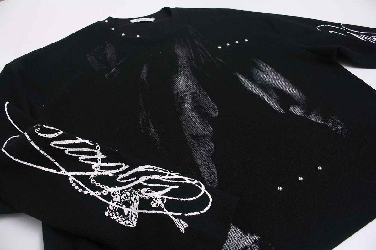 Studded Dark-Gothic Print Waffle Knit Long Sleeve