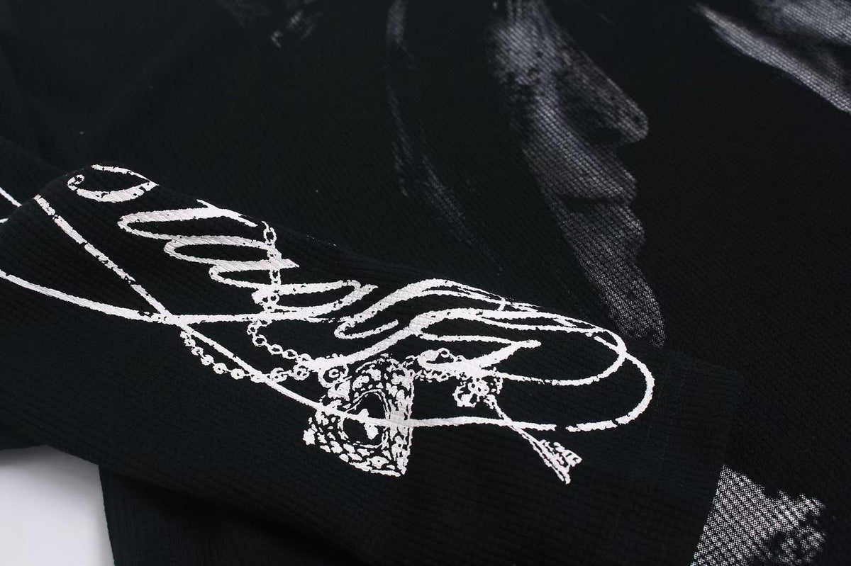 Studded Dark-Gothic Print Waffle Knit Long Sleeve - OMYGOODS