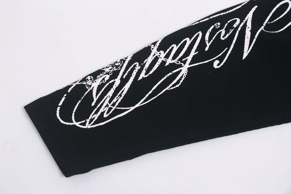 Studded Dark-Gothic Print Waffle Knit Long Sleeve - OMYGOODS