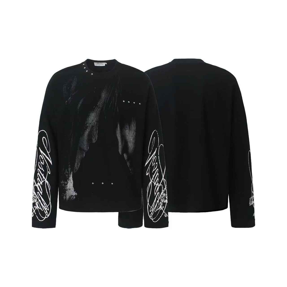Studded Dark-Gothic Print Waffle Knit Long Sleeve