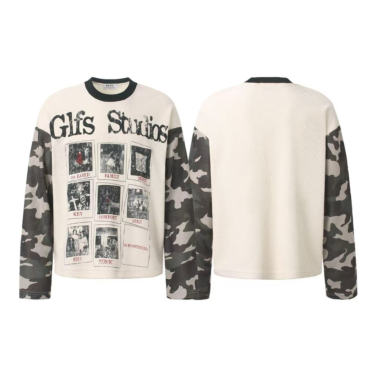 Camo Spliced Vintage Print Waffle Knit Long Sleeve - OMYGOODS